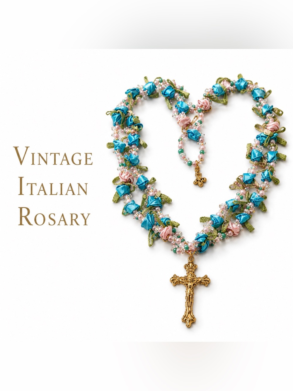 Vintage Italian Ribbon Rose Rosary Necklace Blue Pink Floral Cross Italy